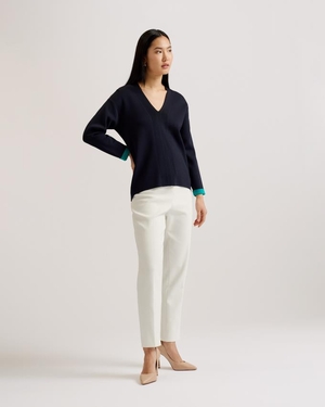 Chandail Ted Baker Easy Fit V Neck Knitted Bleu Marine Femme | ERW-50697916